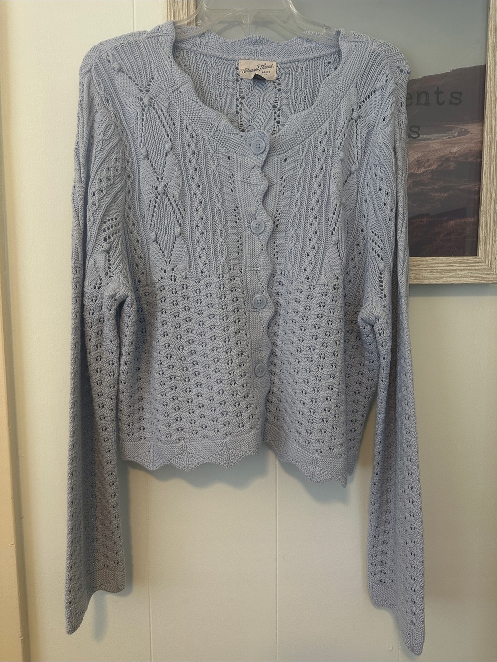 NWOT Size Large Universal Thread Blue Knit Scalloped Button Cotton Cardigan